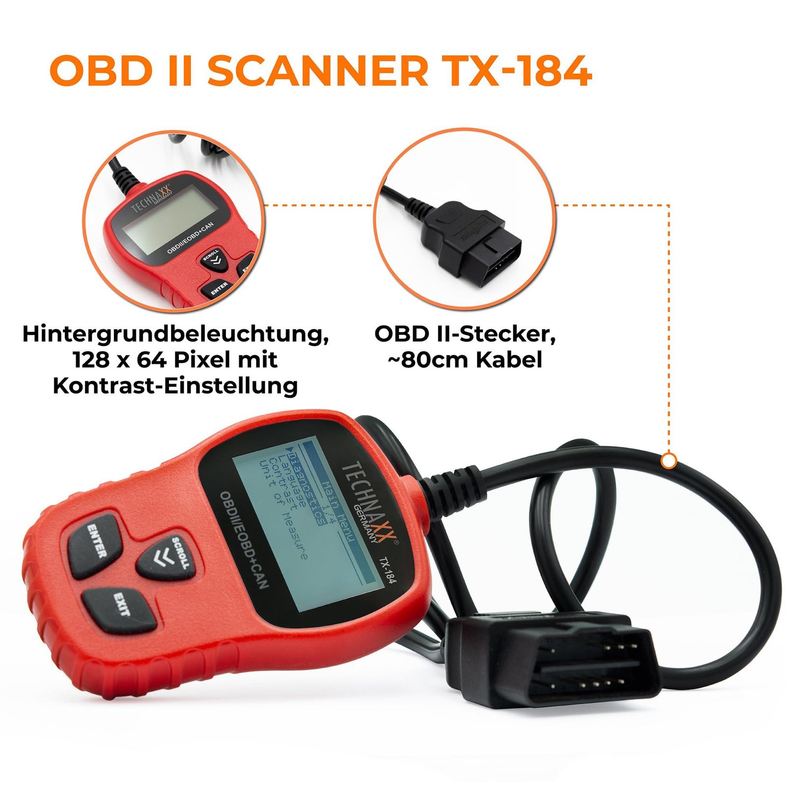 Technaxx Germany OBD2 Code Reader - OBD-II Car Diagnostic Tool for Proffesionals and Beginners - OBD Fault Code Scanner TX-184