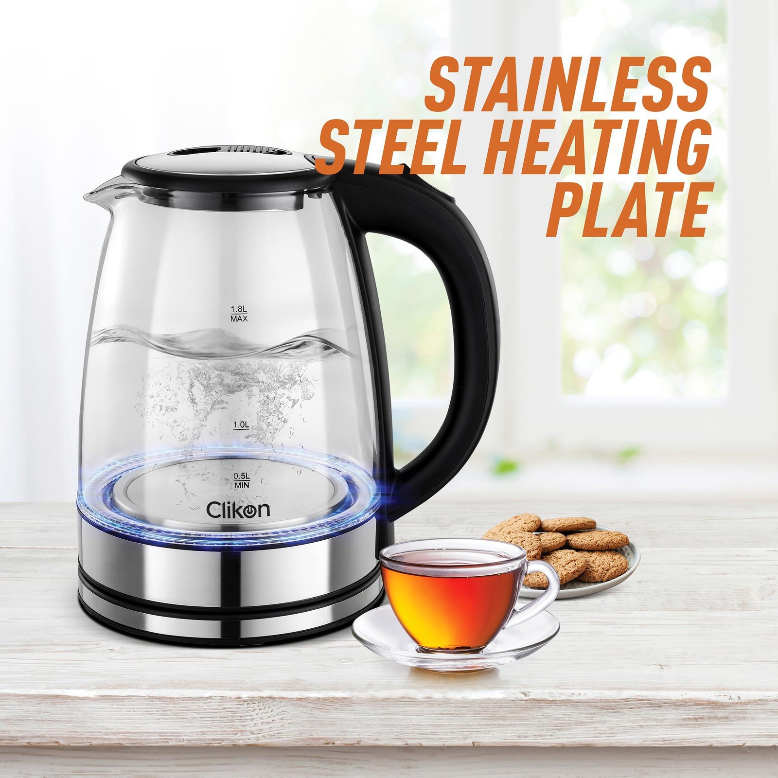 Limitless 1.8 Liter Glass Body Electric Cordless Kettle with 360° Swivel Base, Power Cord Storage, Auto Cut-off Function, LED Indicator, 1500 Watts, 2 Years Warranty, Clear - CK5138