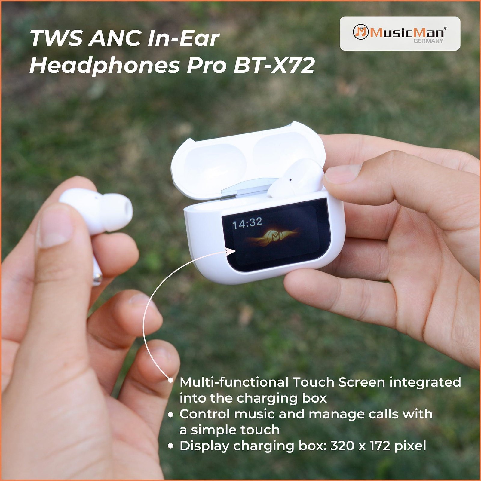 MusicMan Pro ANC Wireless Bluetooth 5.3 Earbuds, TWS Earphones with Touch Screen Type-C Charging Case for Up to 4 Charges, Built-in Microphone, Immersive Sound - Lightweight In-Ear Headphones