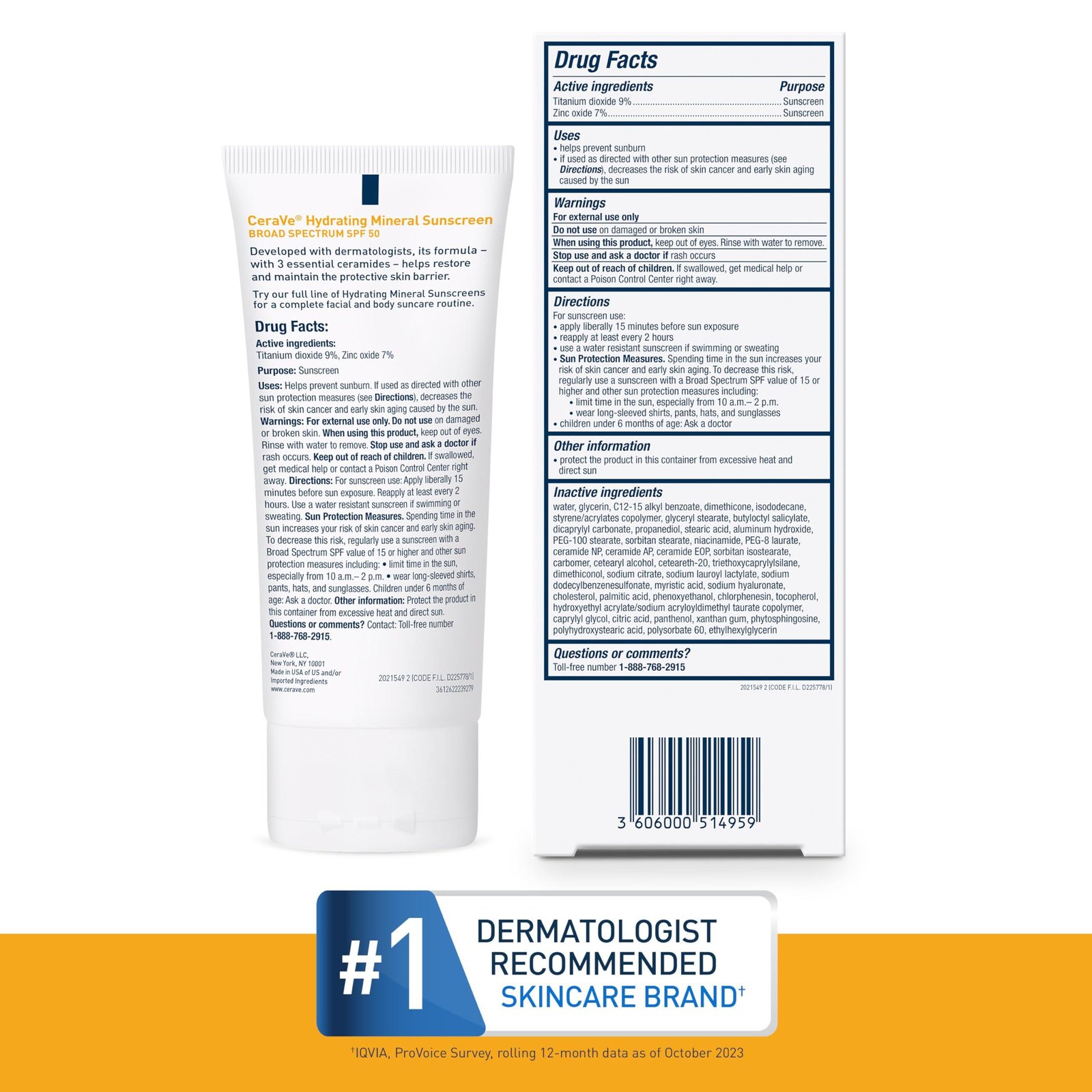 CeraVe 100% Mineral Sunscreen SPF 50 | Face Sunscreen with Zinc Oxide & Titanium Dioxide for Sensitive Skin | 2.5 oz, 1 Pack (Packaging May Vary)