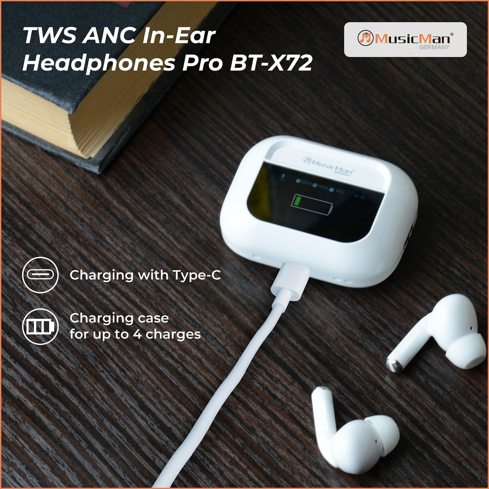 MusicMan Pro ANC Wireless Bluetooth 5.3 Earbuds, TWS Earphones with Touch Screen Type-C Charging Case for Up to 4 Charges, Built-in Microphone, Immersive Sound - Lightweight In-Ear Headphones