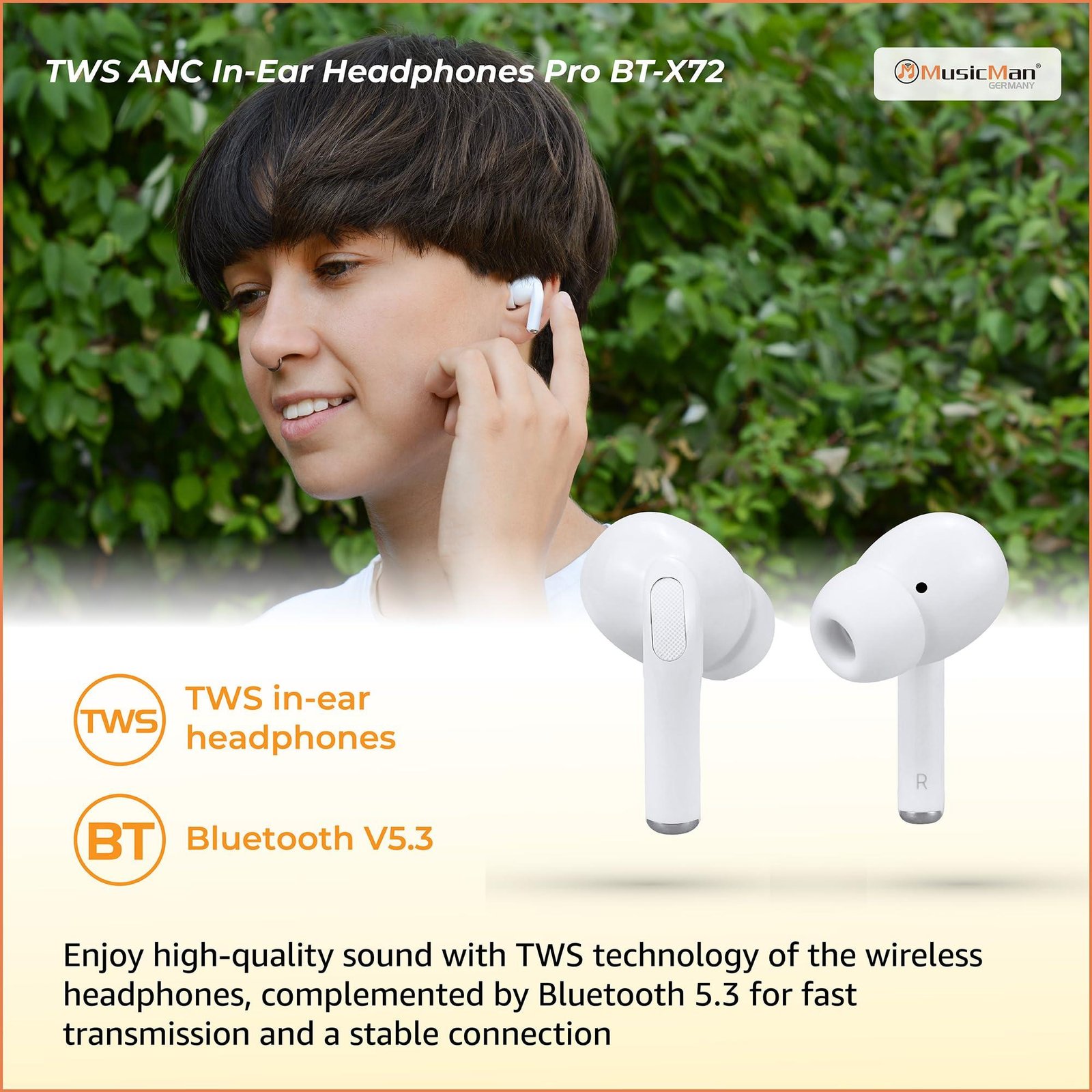 MusicMan Pro ANC Wireless Bluetooth 5.3 Earbuds, TWS Earphones with Touch Screen Type-C Charging Case for Up to 4 Charges, Built-in Microphone, Immersive Sound - Lightweight In-Ear Headphones