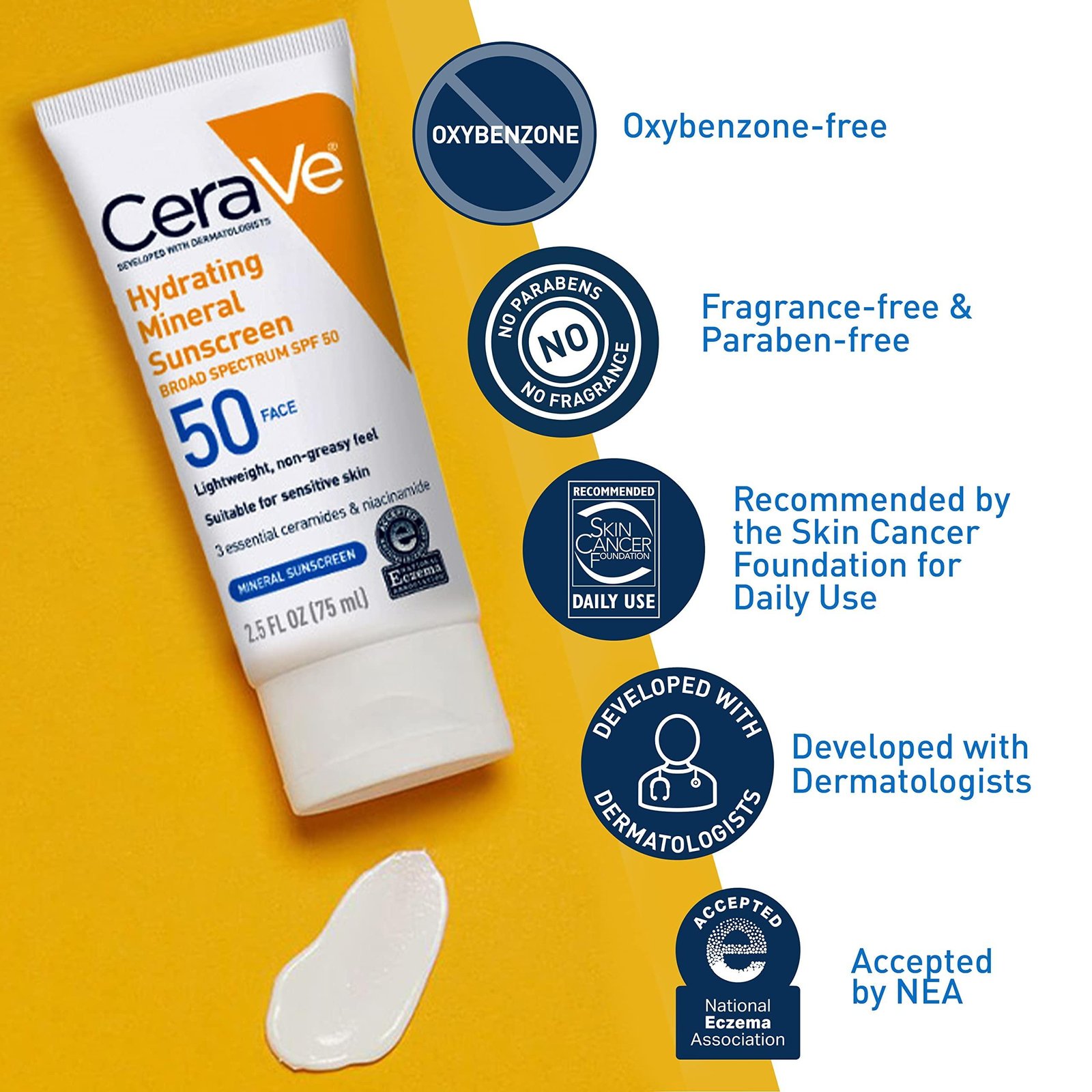 CeraVe 100% Mineral Sunscreen SPF 50 | Face Sunscreen with Zinc Oxide & Titanium Dioxide for Sensitive Skin | 2.5 oz, 1 Pack (Packaging May Vary)