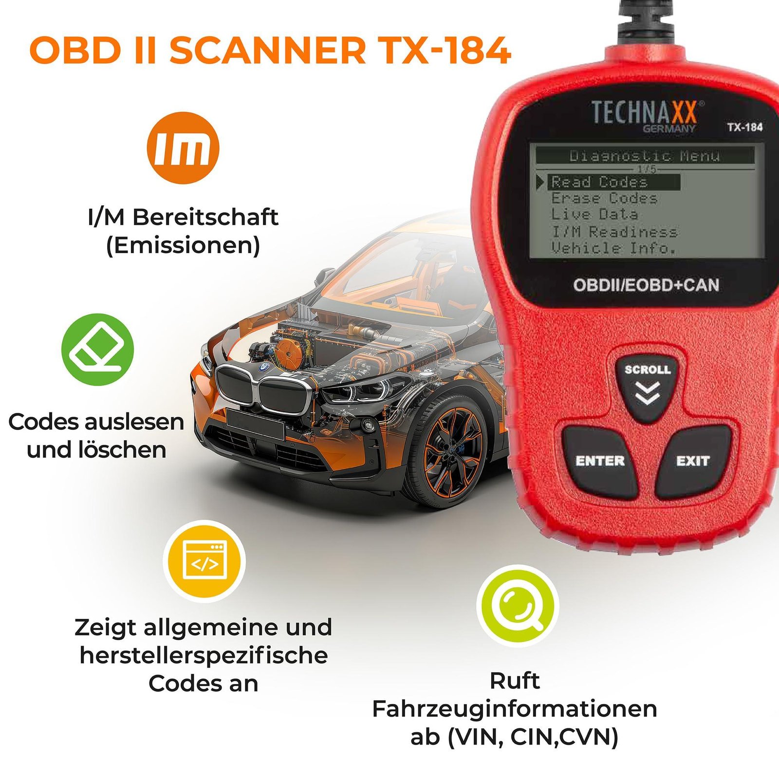 Technaxx Germany OBD2 Code Reader - OBD-II Car Diagnostic Tool for Proffesionals and Beginners - OBD Fault Code Scanner TX-184