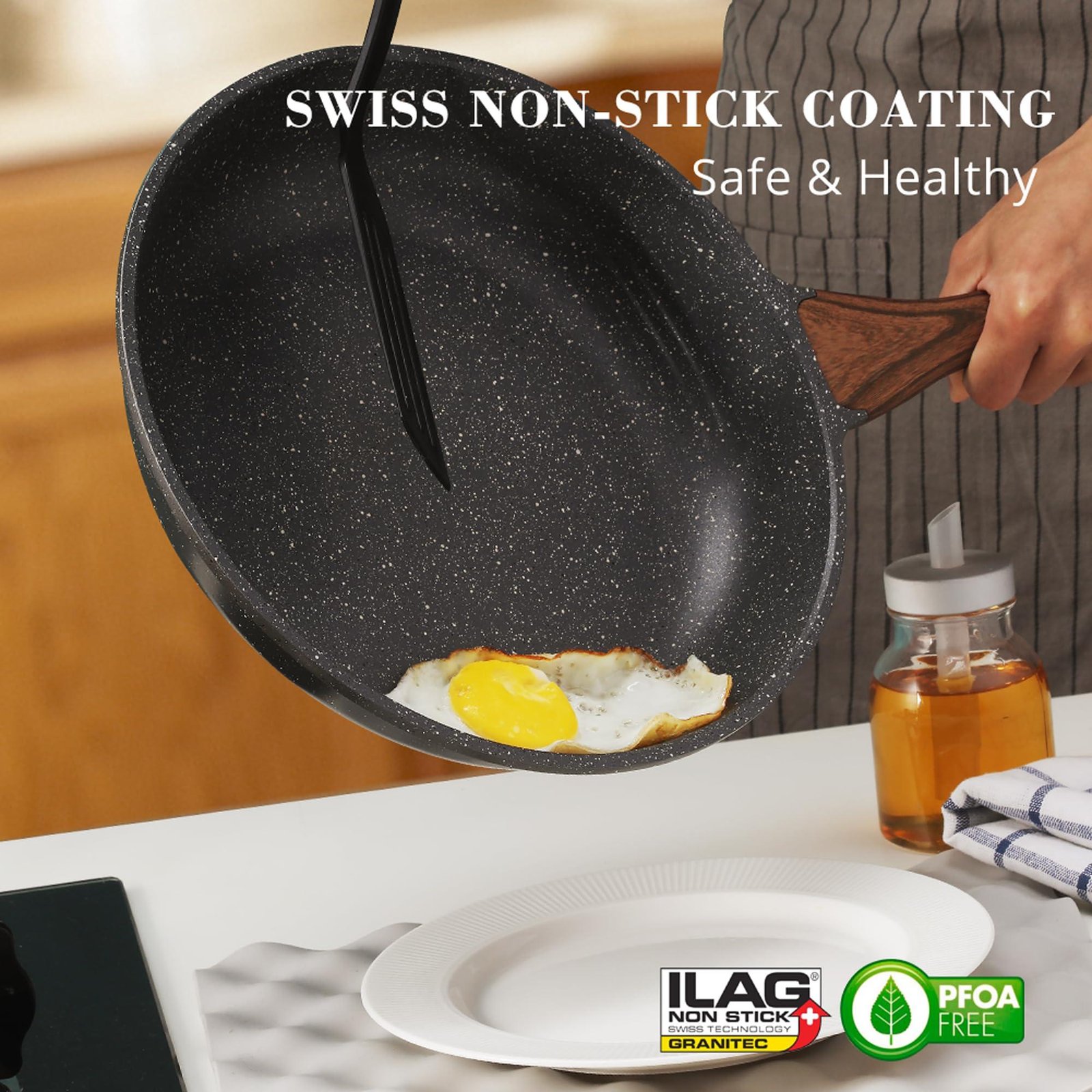 Limitless Nonstick Frying Pan Skillet, Swiss Granite Coating Omelette Pan, Healthy Stone Cookware Chef's Pan, PFOA Free 24cm