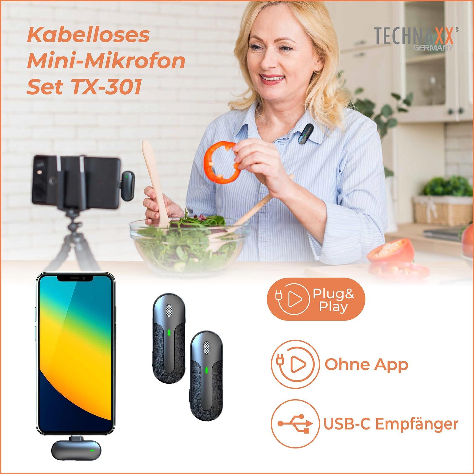 Technaxx Dual Wireless Mini Microphone Set TX-301 - 2 Wireless Lavalier Microphones with Intelligent Noise Cancellation, USB-C Receiver, Charging Case, Lapel Clip - Ideal for Podcasting & Recording