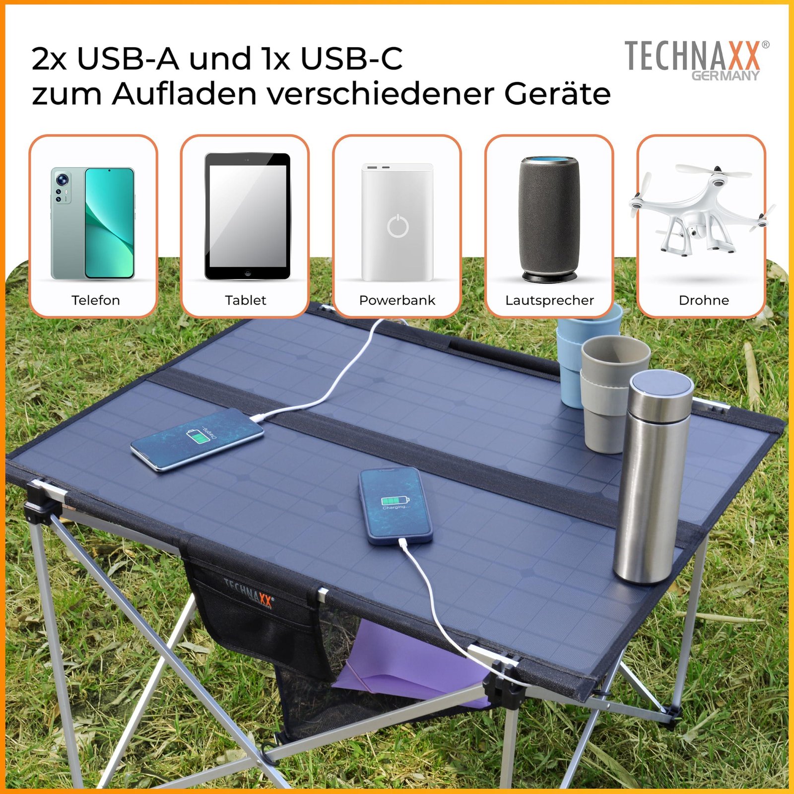 Technaxx 60 W Folding Solar Camping Table TX-252, Portable Monocrystalline Solar Panel Charger with 3 x USB Charging Ports, DC Output and Robust Design - Ideal for Camping and Outdoor Use