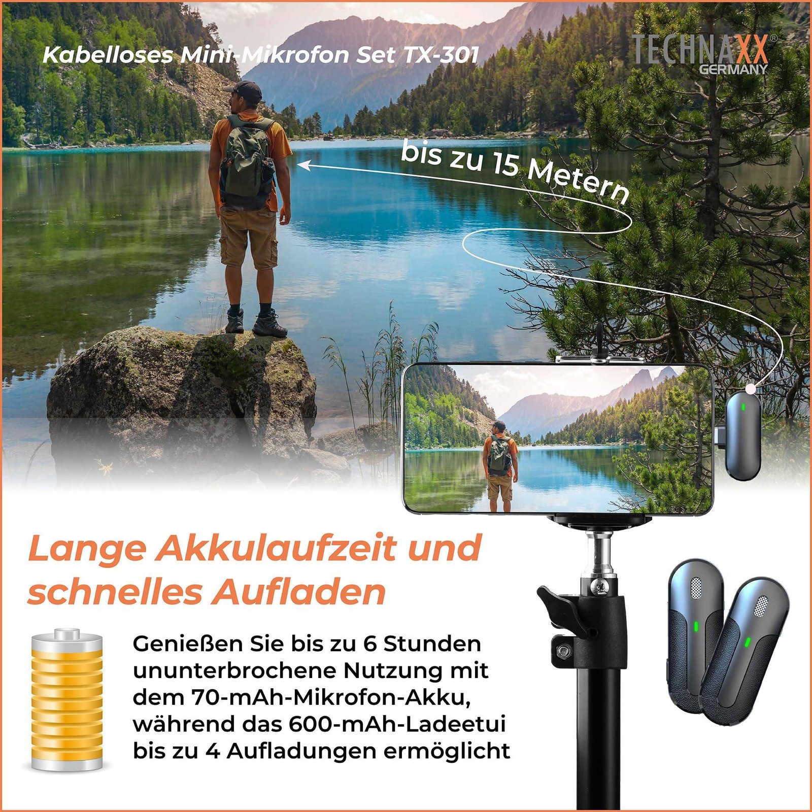 Technaxx Dual Wireless Mini Microphone Set TX-301 - 2 Wireless Lavalier Microphones with Intelligent Noise Cancellation, USB-C Receiver, Charging Case, Lapel Clip - Ideal for Podcasting & Recording