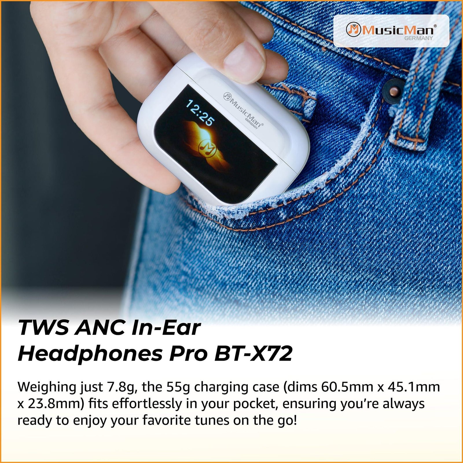 MusicMan Pro ANC Wireless Bluetooth 5.3 Earbuds, TWS Earphones with Touch Screen Type-C Charging Case for Up to 4 Charges, Built-in Microphone, Immersive Sound - Lightweight In-Ear Headphones